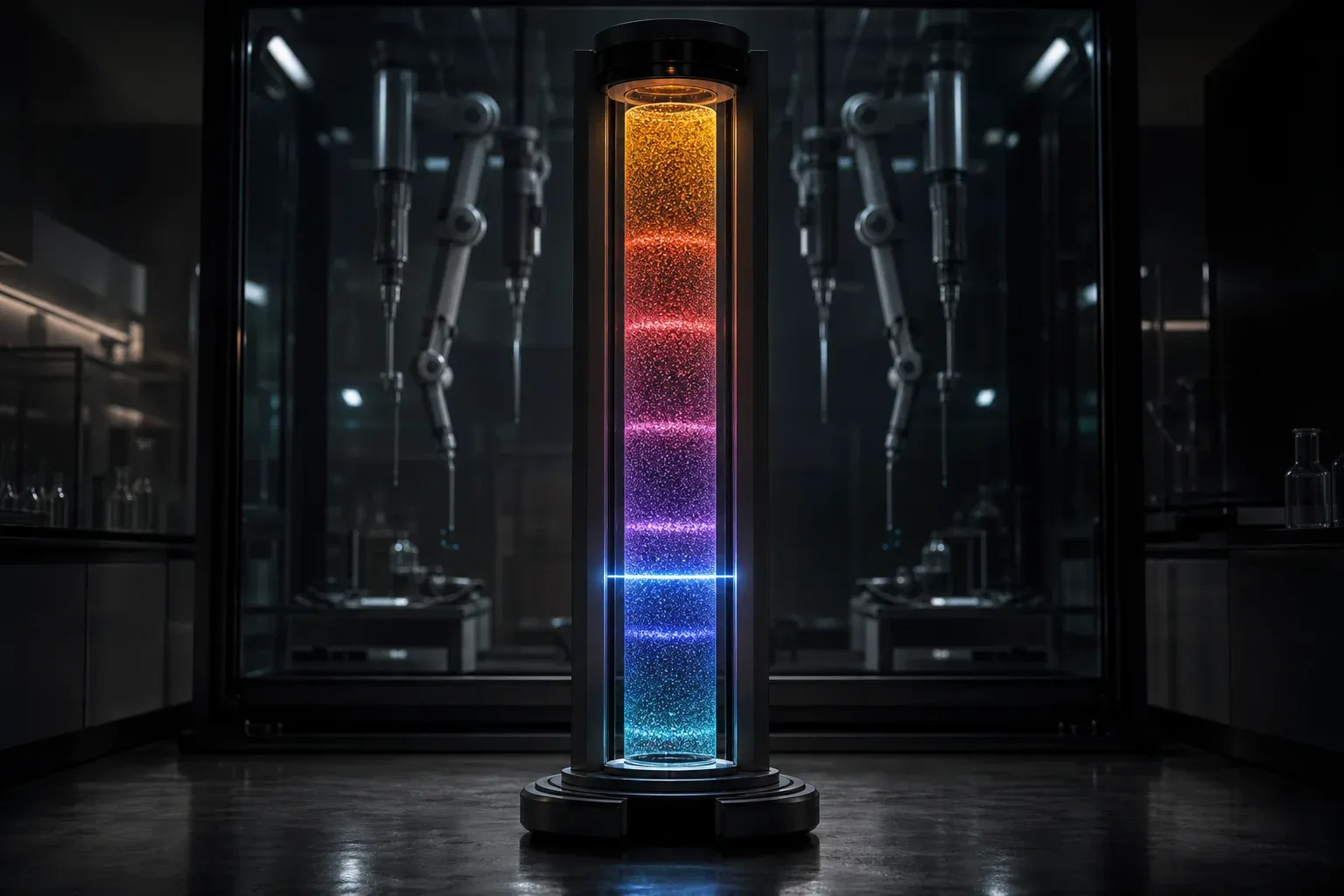 A glowing vertical column of colored beads inside a lab instrument, with bright clustered bands lit by a scanning light.