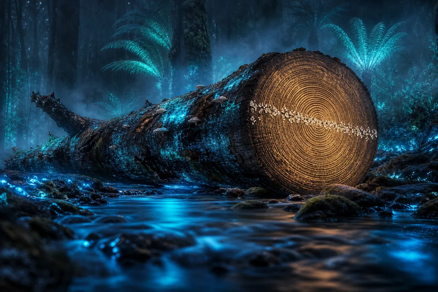 A giant felled glowing tree trunk in a bioluminescent forest, its rings studded with tiny bright and dark mineral beads.