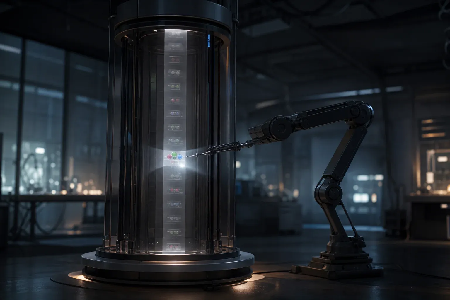 A lab machine scrolls a ribbon of bead-marked bands while a robotic arm holds one lit band apart from the dimmed rest.