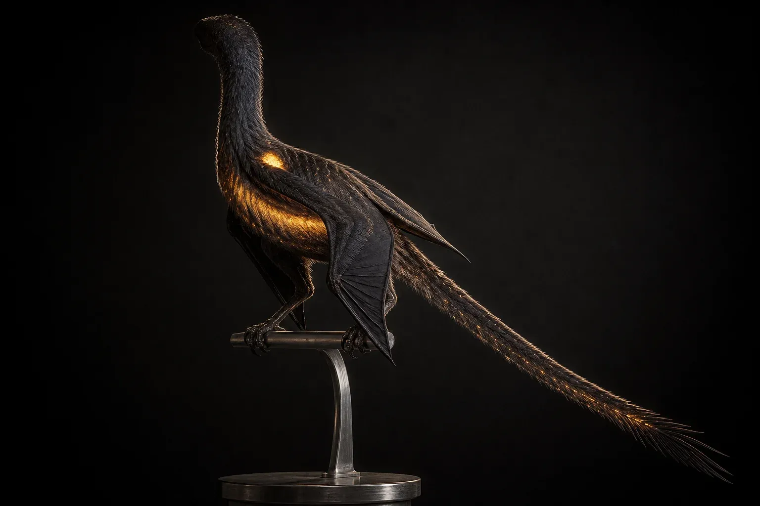 A dark feathered winged creature on a steel stand, its body glowing in three nested zones of increasing brightness against black.