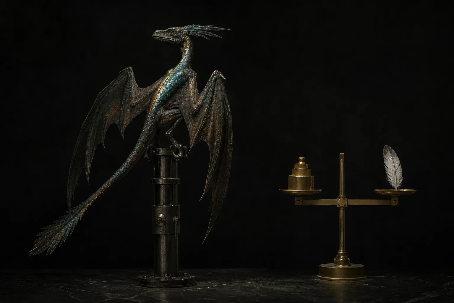 A winged reptile specimen on a steel post in a dark studio, lit so only a narrow iridescent band of its body glows, beside a brass balance weighing a feather.