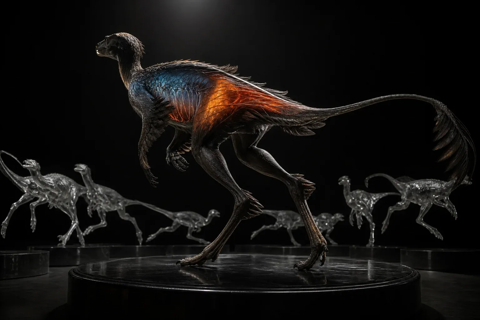 A feathered running creature on a black plinth, its flank glowing hot orange to cool blue, with faint earlier casts of itself behind.