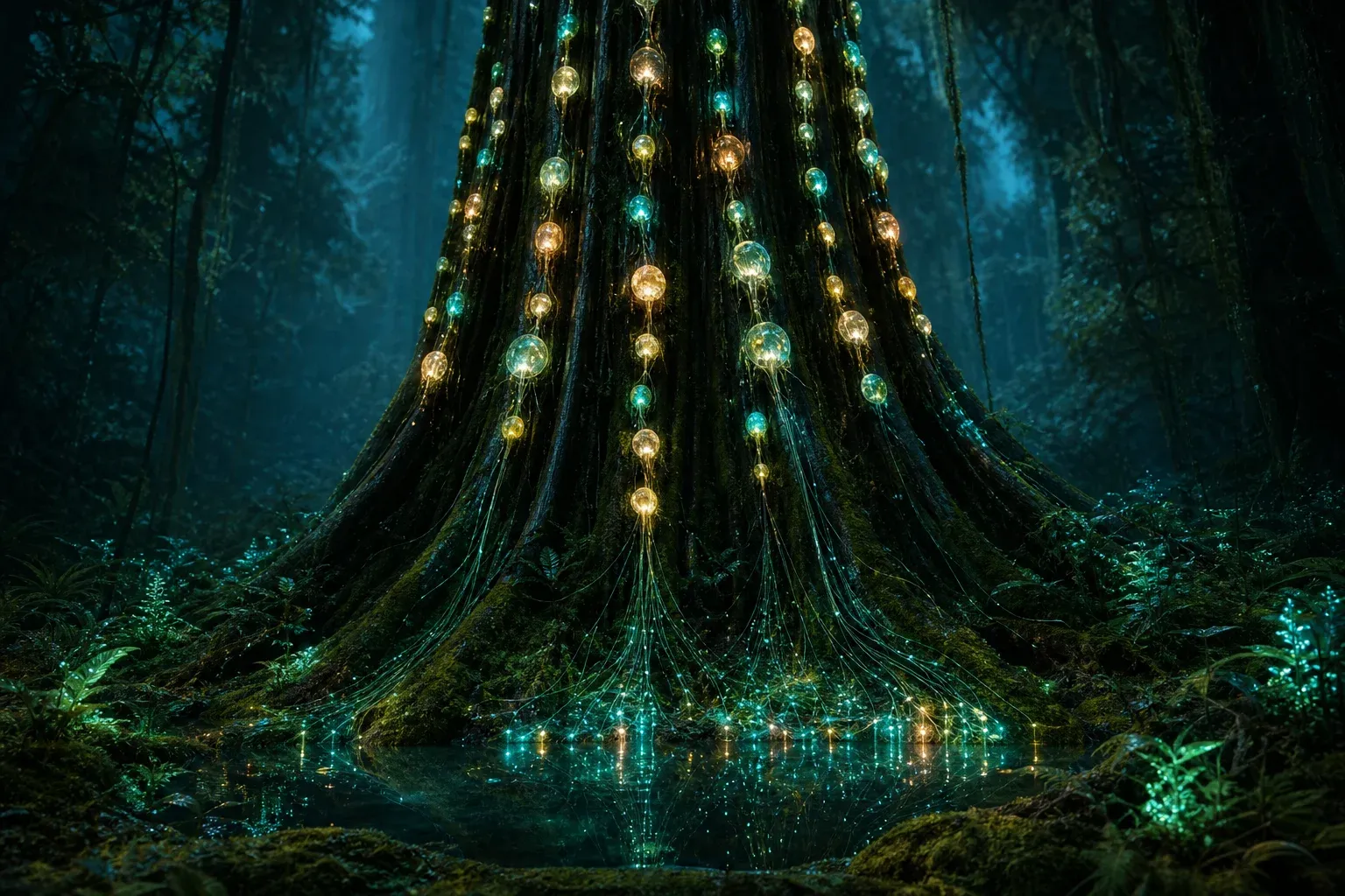 Glowing disc-shaped creatures clamped to a giant tree trunk in a misty blue forest, pulsing amber and teal as sap flows beneath.