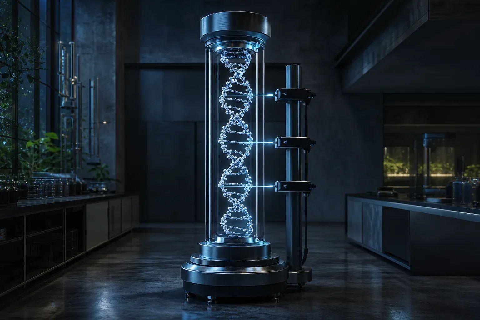 A lab instrument holding an upright glowing DNA strand dotted with bright beads, scanned by three slender reader arms.