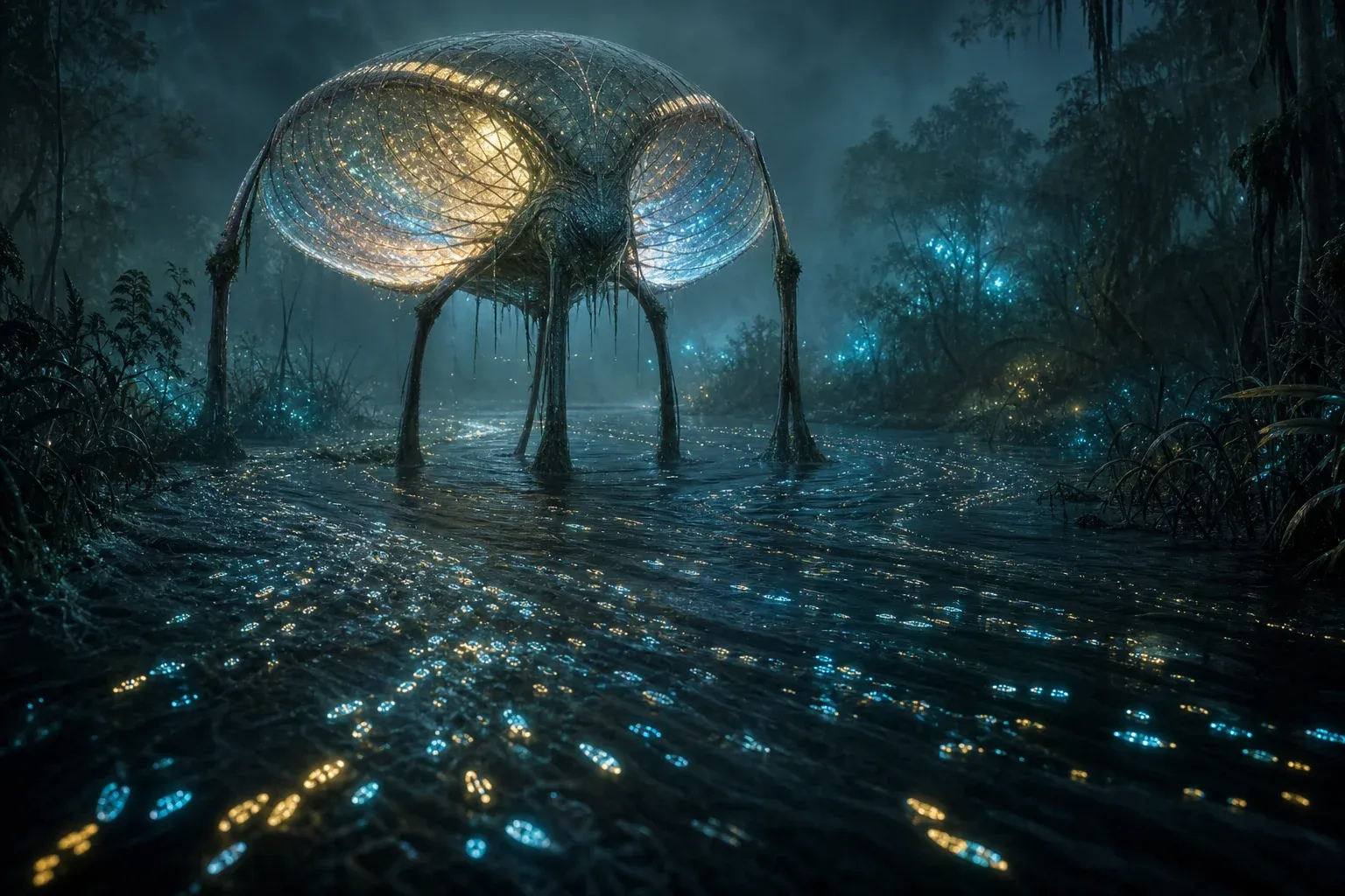 A tall stilt-legged creature filters glowing pale flecks from a dark river at night, its translucent throat sac lit from within.