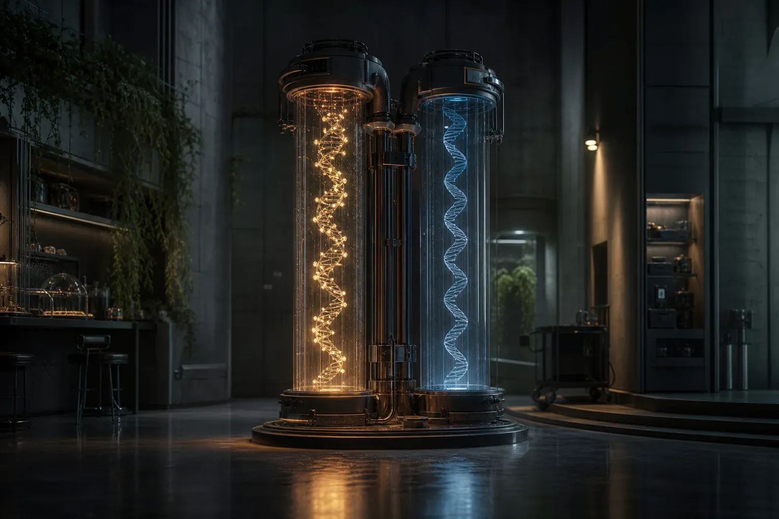 Two glass columns in a dark lab, one holding a bare blue DNA strand, the other a strand studded with glowing amber beads.
