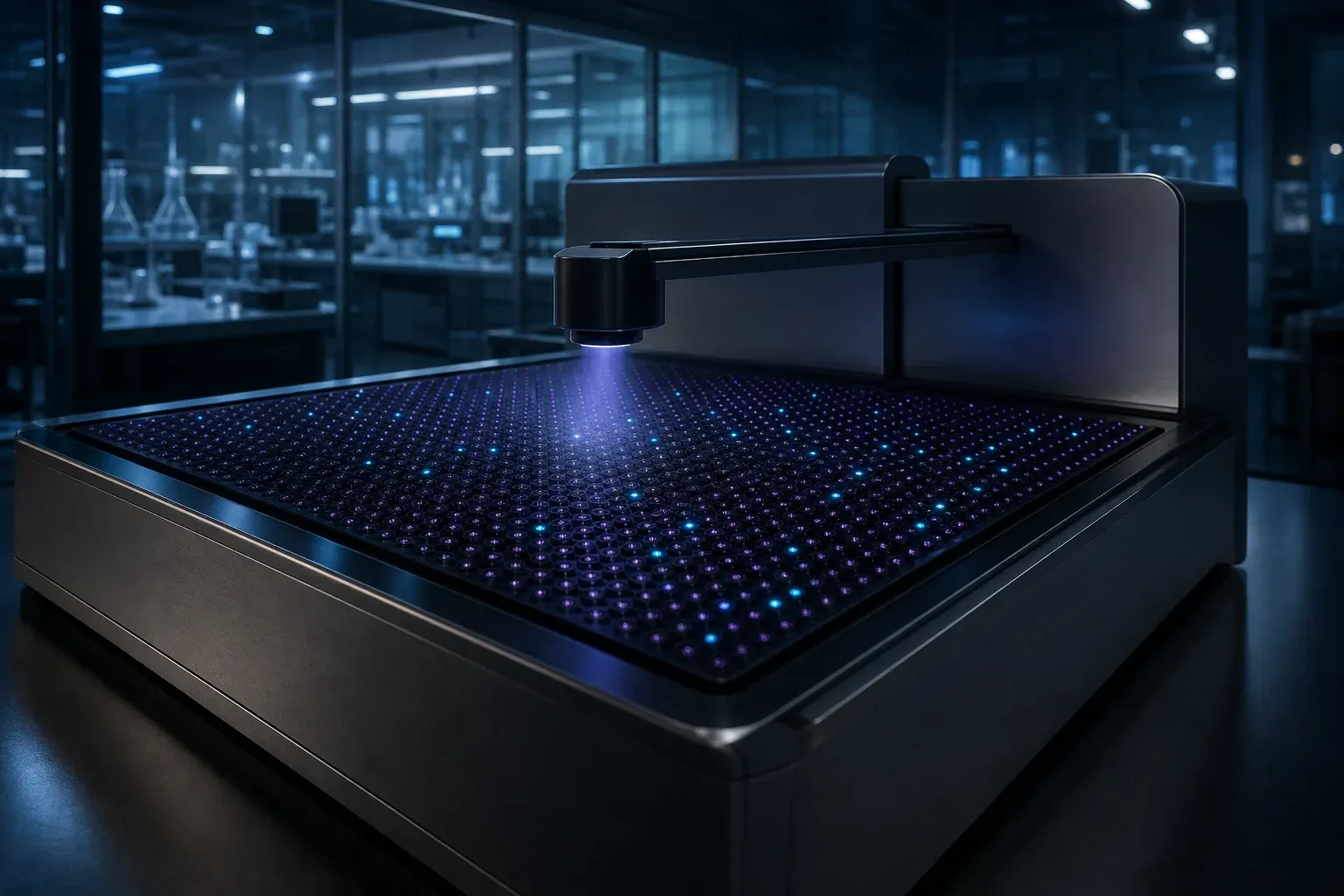 A lab instrument scans a huge dark grid of tiny wells where only scattered points glow bright and others glow faintly.