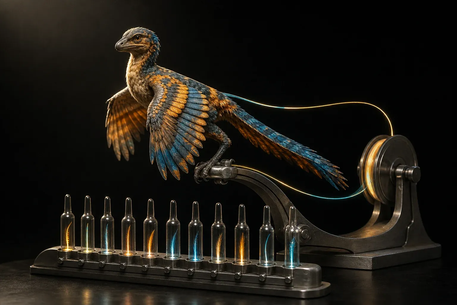 A small feathered reptile on a steel stand in black studio light, beside ten glowing feather-filled vials and one continuous luminous strand on a spool.