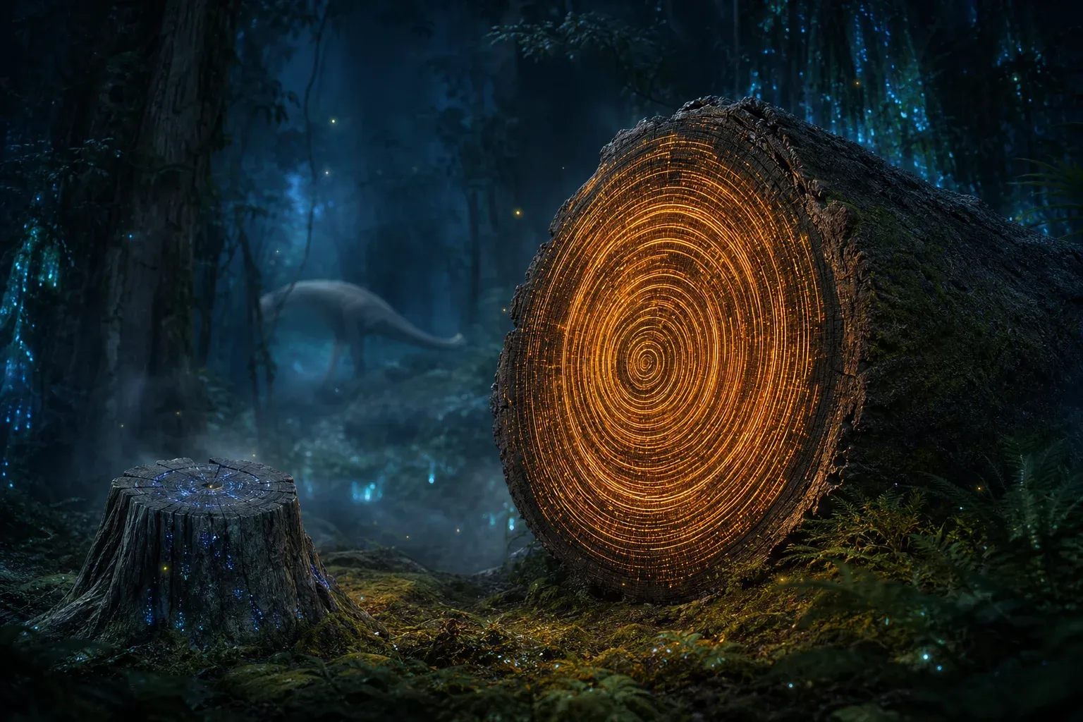 A giant tree stump with glowing continuous rings beside a smaller stump lit by only a few scattered blue points, in a misty glowing forest.