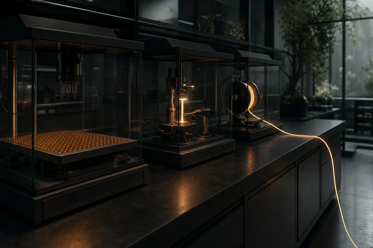 Three lab instruments in a row: a plate of sparse glowing dots, a short clamped glowing ribbon, and a reel unspooling one continuous luminous thread.