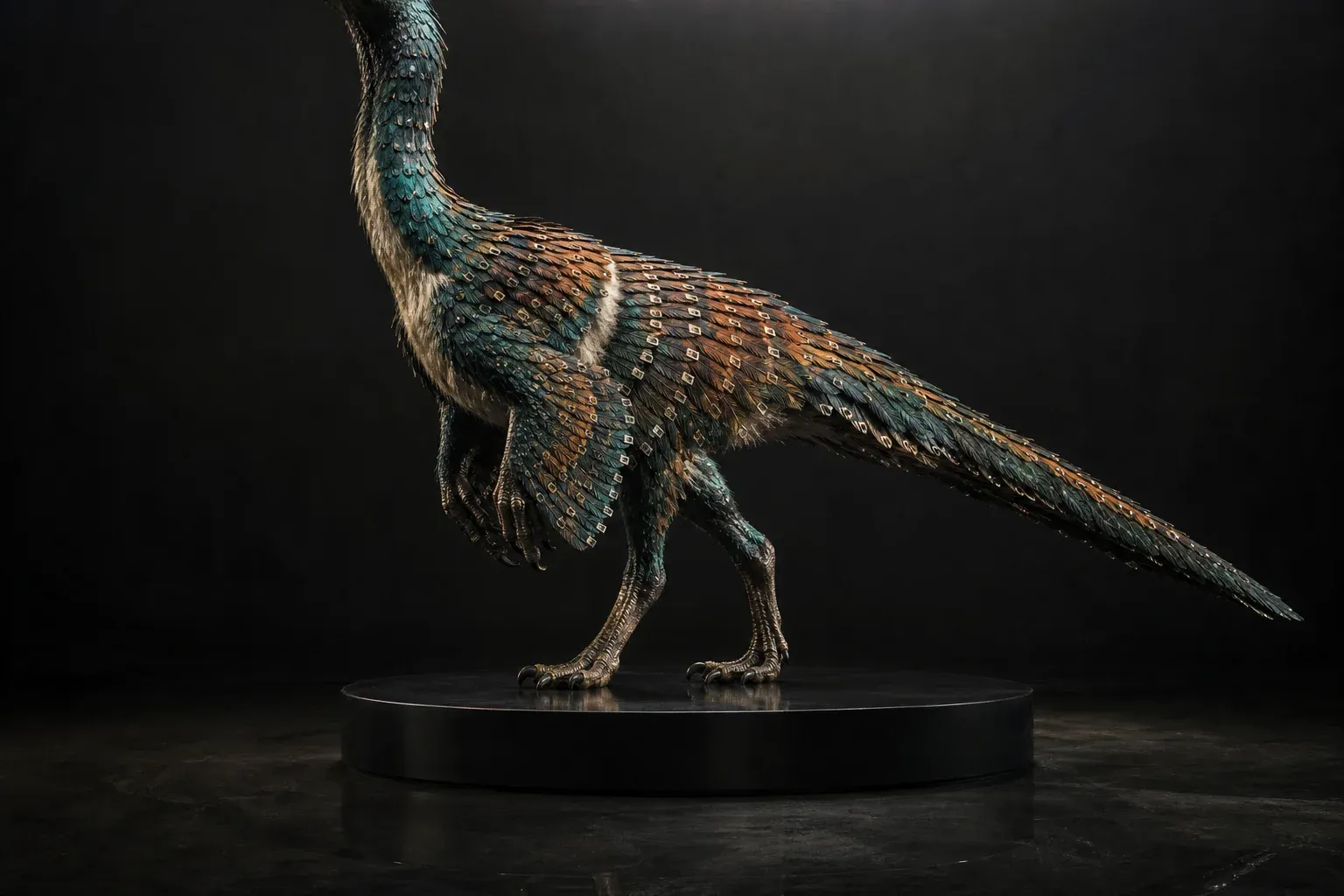 An iridescent feathered creature on a black pedestal under studio light, its plumage in neat rows with small blank metal markers on each feather.