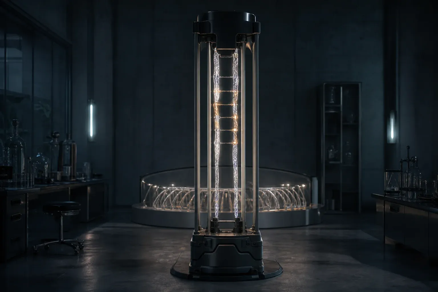 Two glowing DNA-like strands held on parallel rails in a dark lab instrument, linked by light where they match and flaring where they differ.