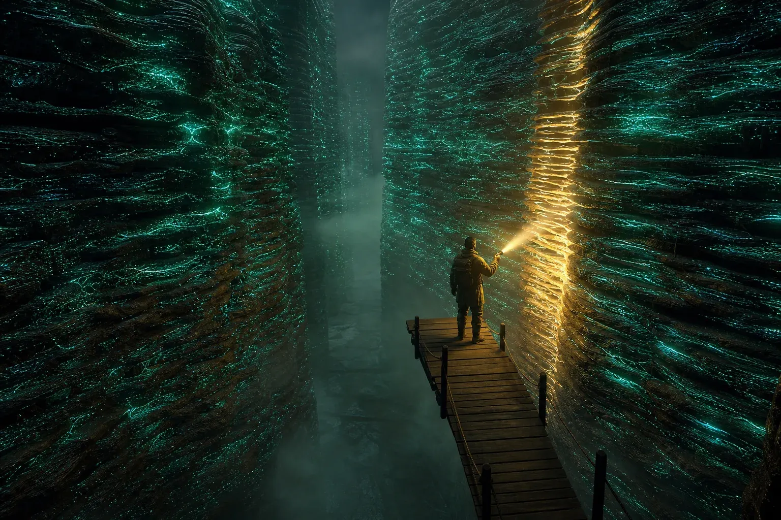 A tiny figure on a walkway shines a lamp on a canyon wall made of thousands of stacked glowing filaments.