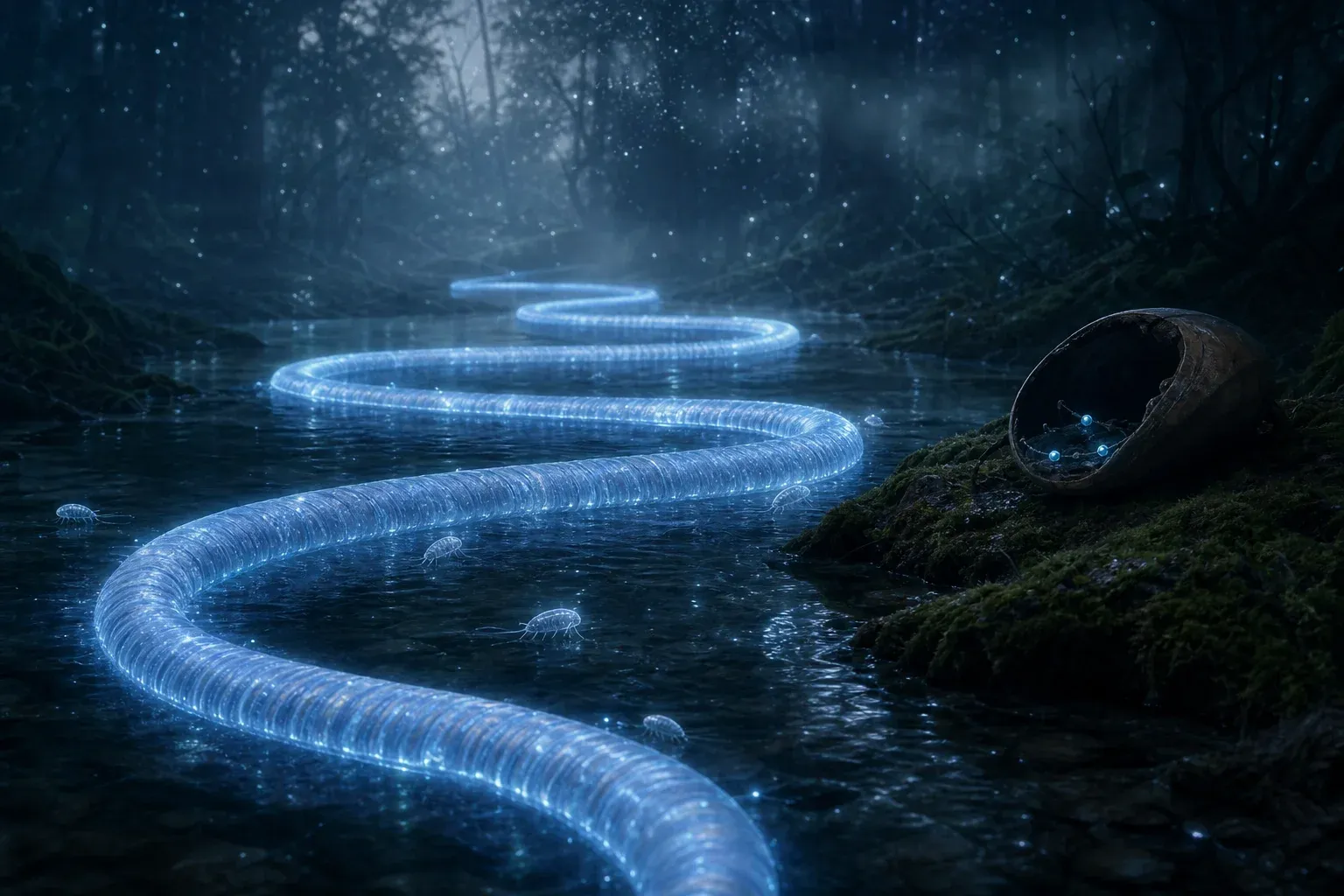 A long, evenly glowing coiled strand in a forest spring beside a small case holding only a few widely spaced dim beads.