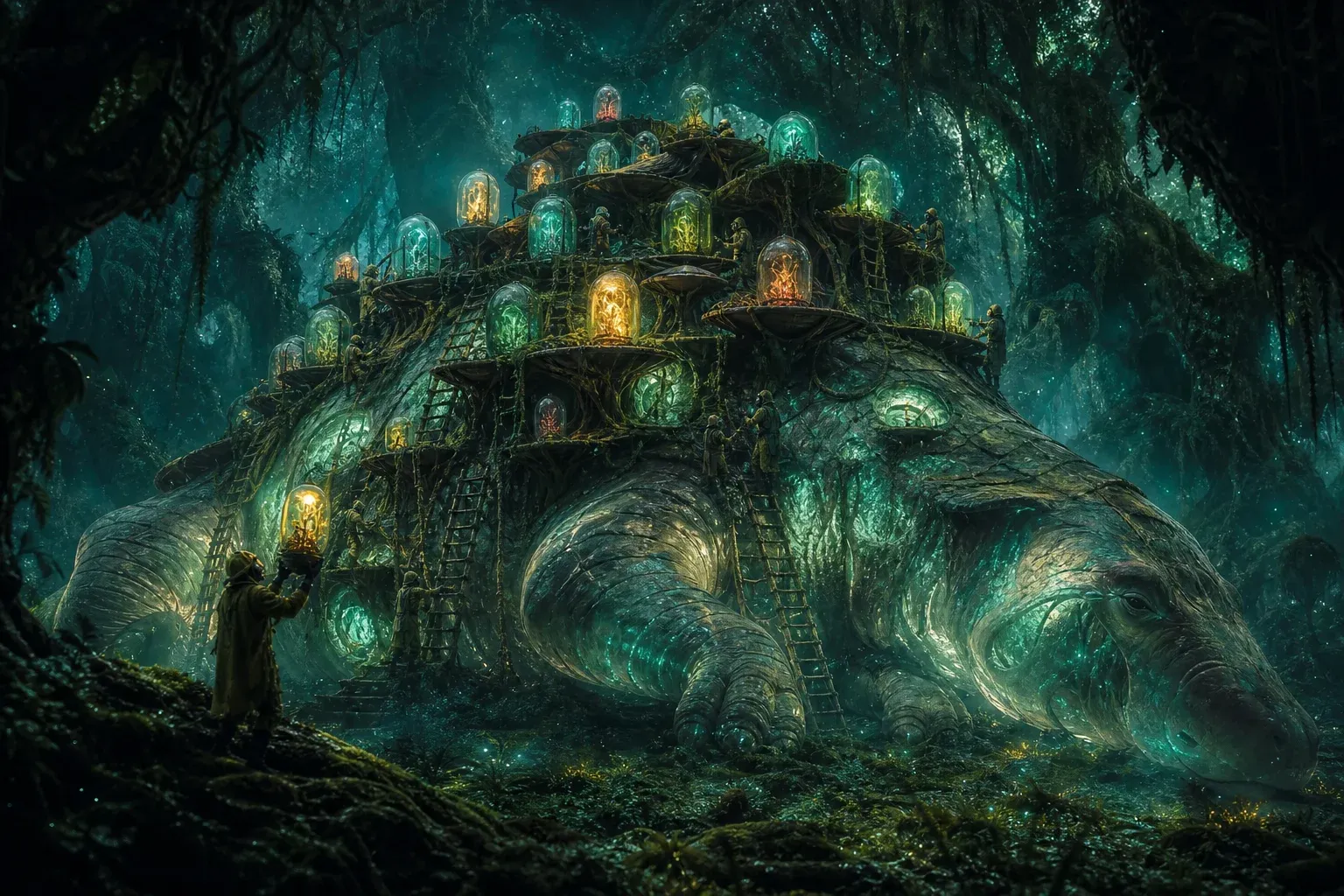 Keepers on vine ladders tend shelves of glowing filament-filled pods growing from the back of a huge sleeping animal in a glowing forest.