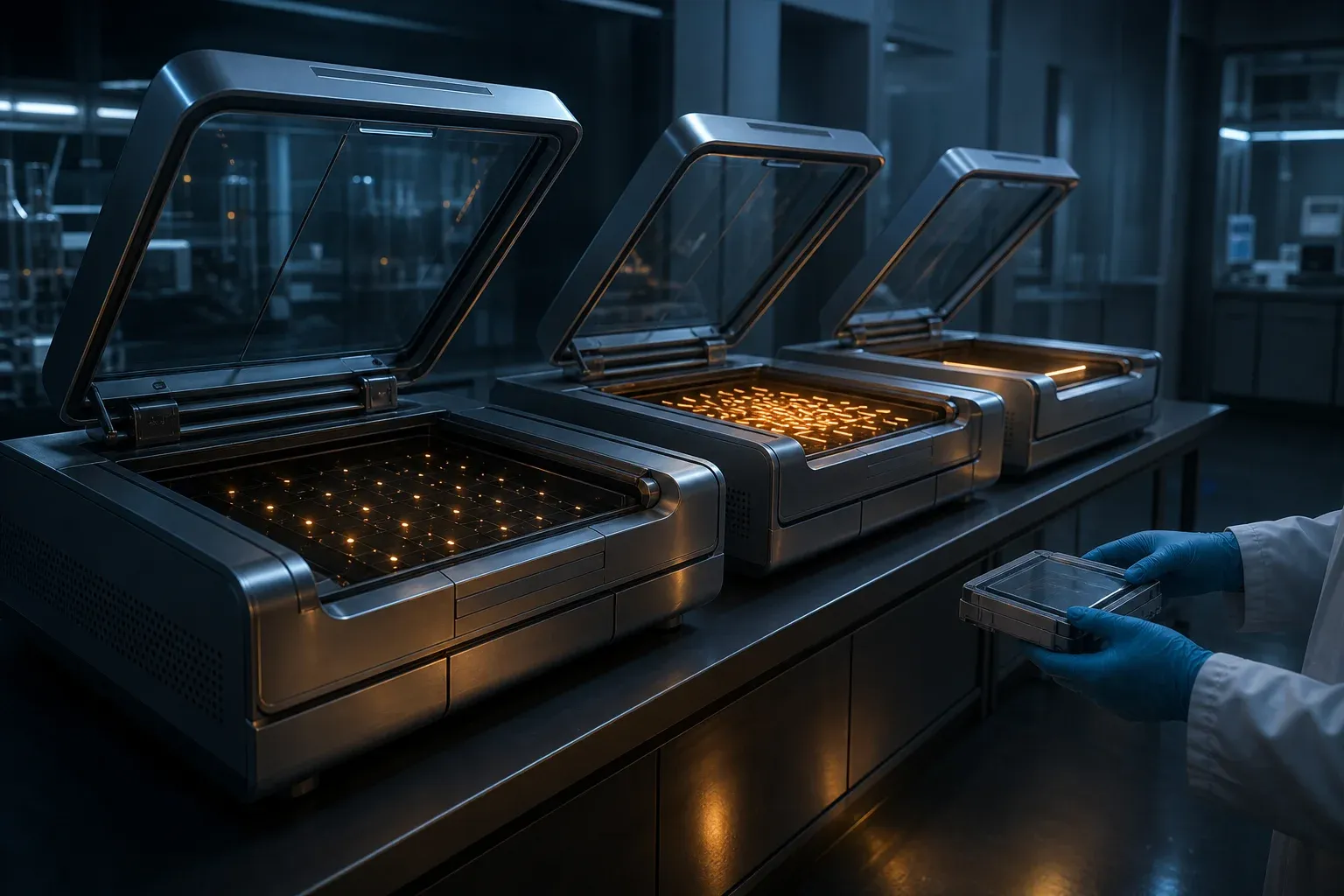 Three identical lab instruments in a row, their open hatches showing scattered dots, short glowing fragments, and one long lit filament.