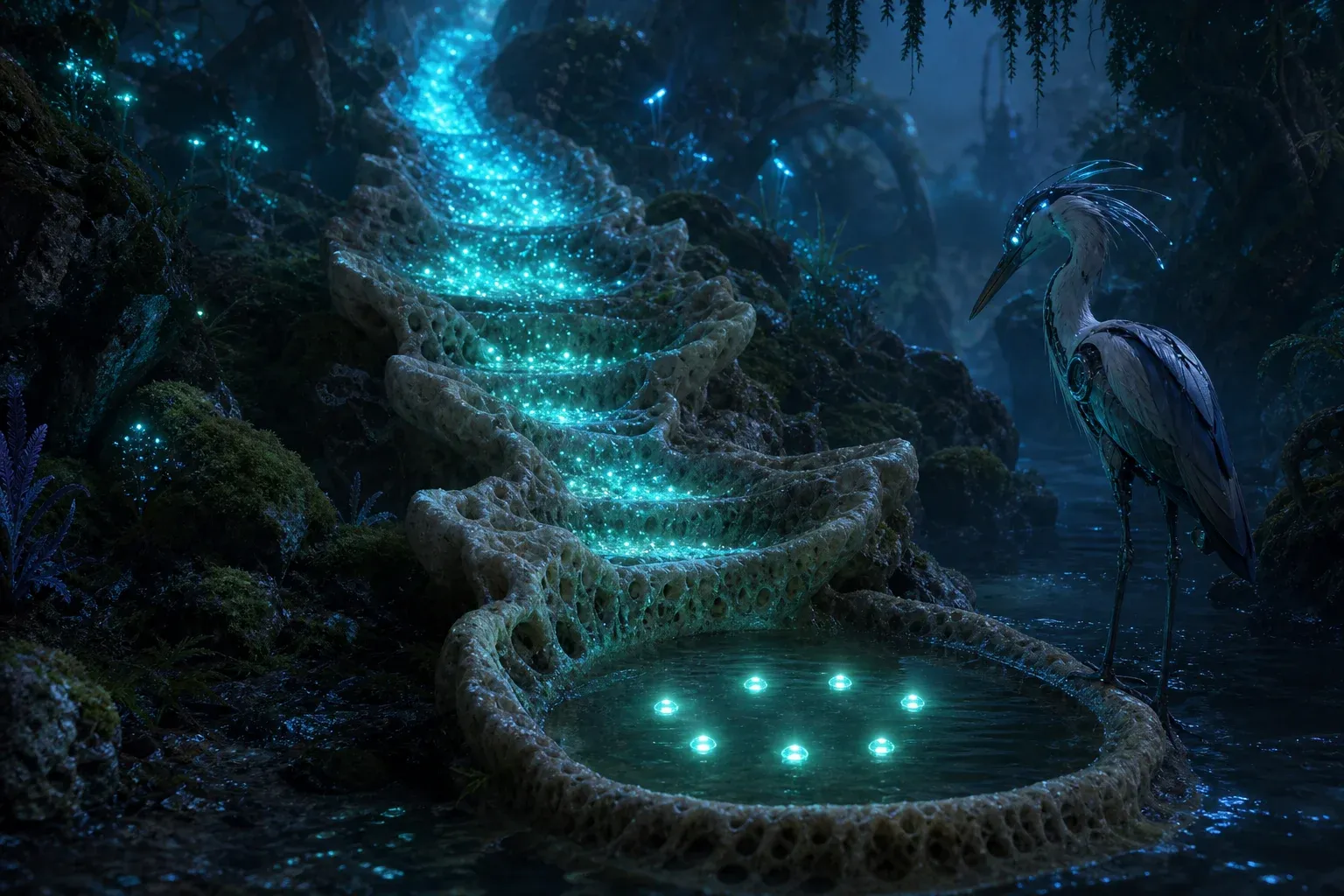 A torrent of glowing spores in a night forest funnels through a coral-like filter, leaving only nine bright motes in a dark pool.