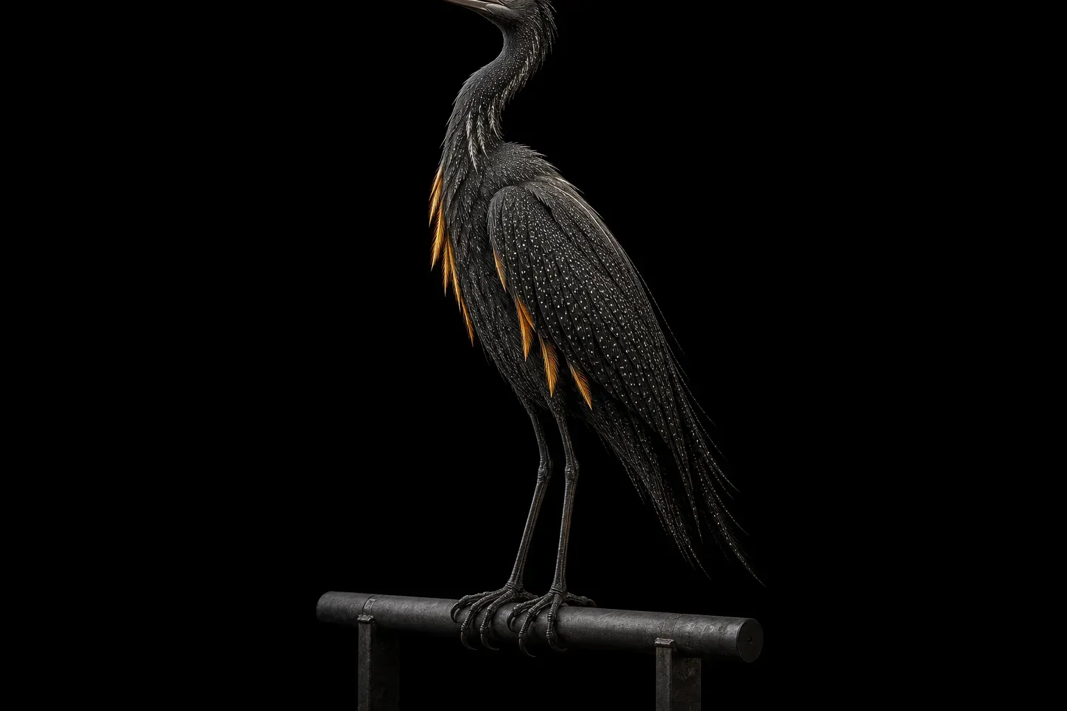 A revived feathered creature on a steel perch under studio light, its speckled plumage dotted with a few glowing amber feathers.