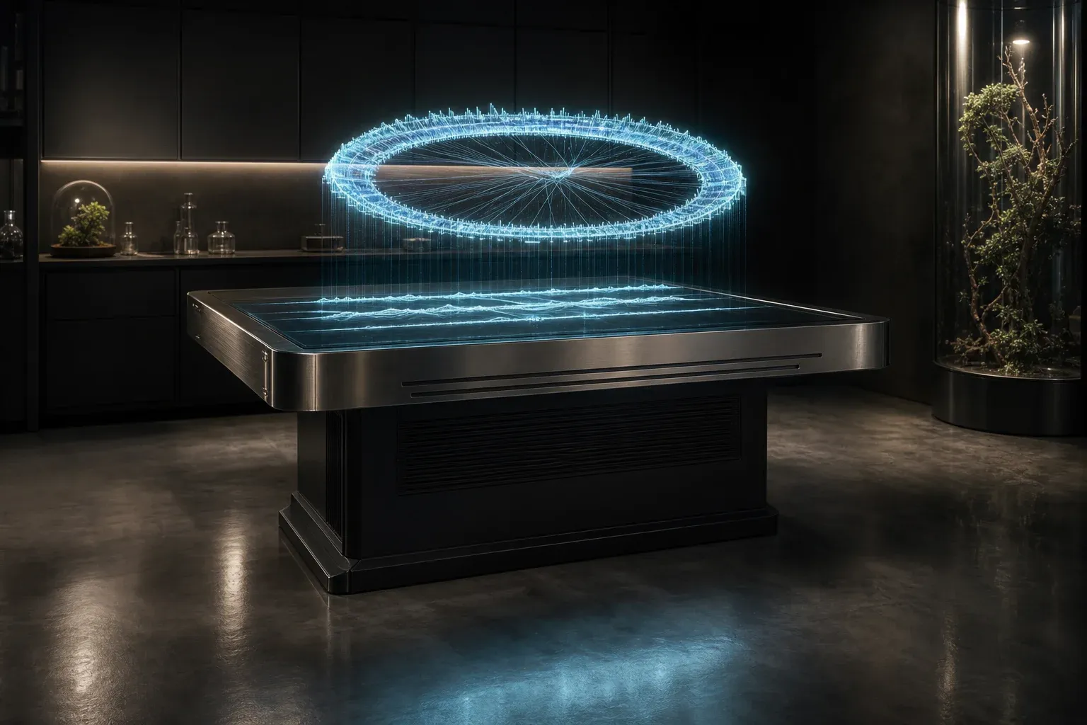 A laboratory instrument projects a glowing rotating ring of banded light above its glass deck, with luminous horizontal track ribbons below.