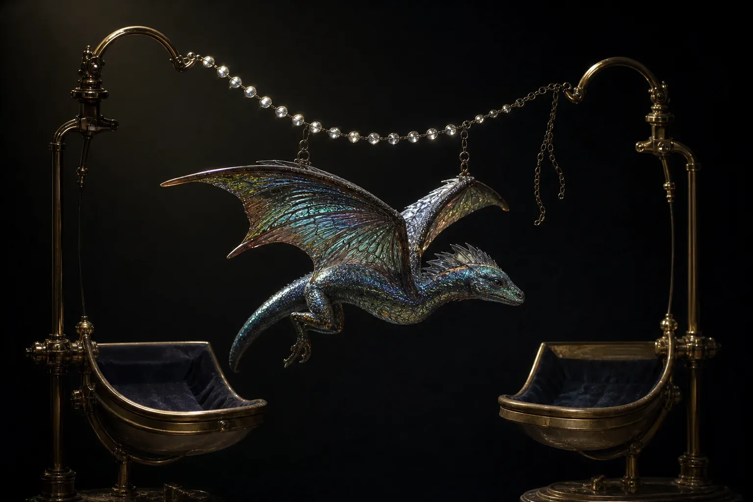An iridescent winged reptile specimen suspended on a chain of glowing glass links between two brass cradles against a black backdrop.
