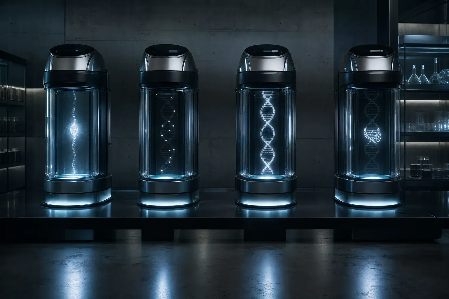 Four identical lab instruments in a row, each holding the same glowing DNA strand but illuminating a different amount of it.