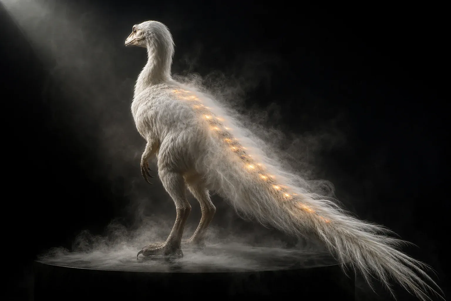A feathered reptile specimen with white vapor-like plumage on a black studio plinth, spine barbs glowing in sequence with a few amber.