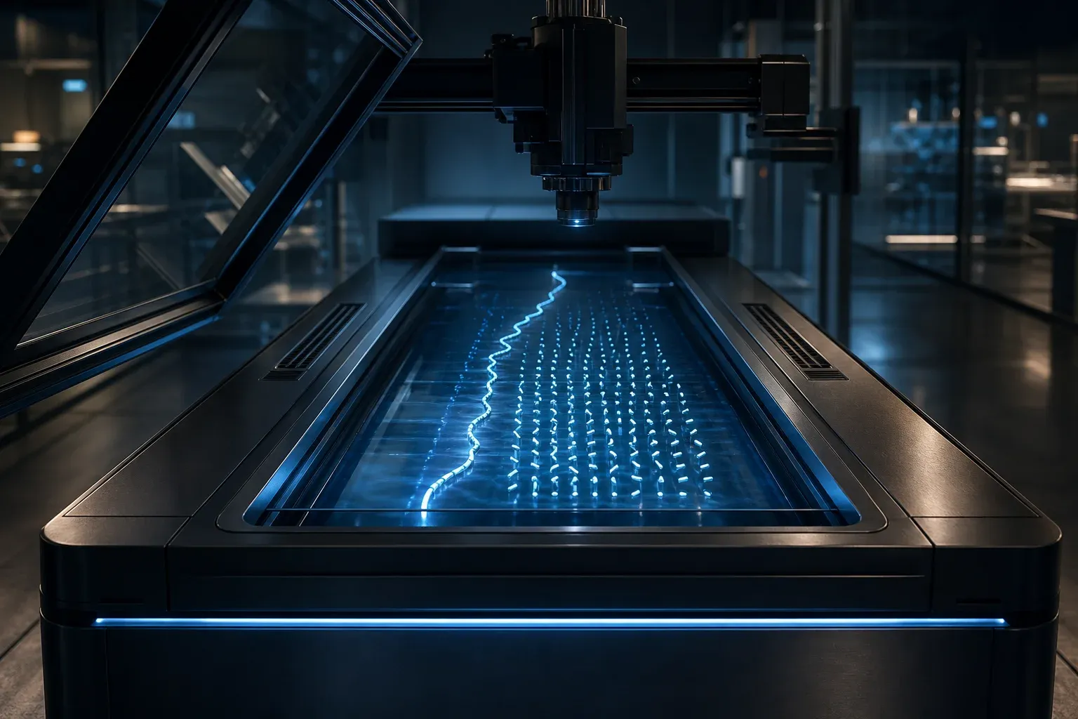 A sequencing machine drawing a glowing DNA strand through a reader, where it breaks into rows of small floating fragments.