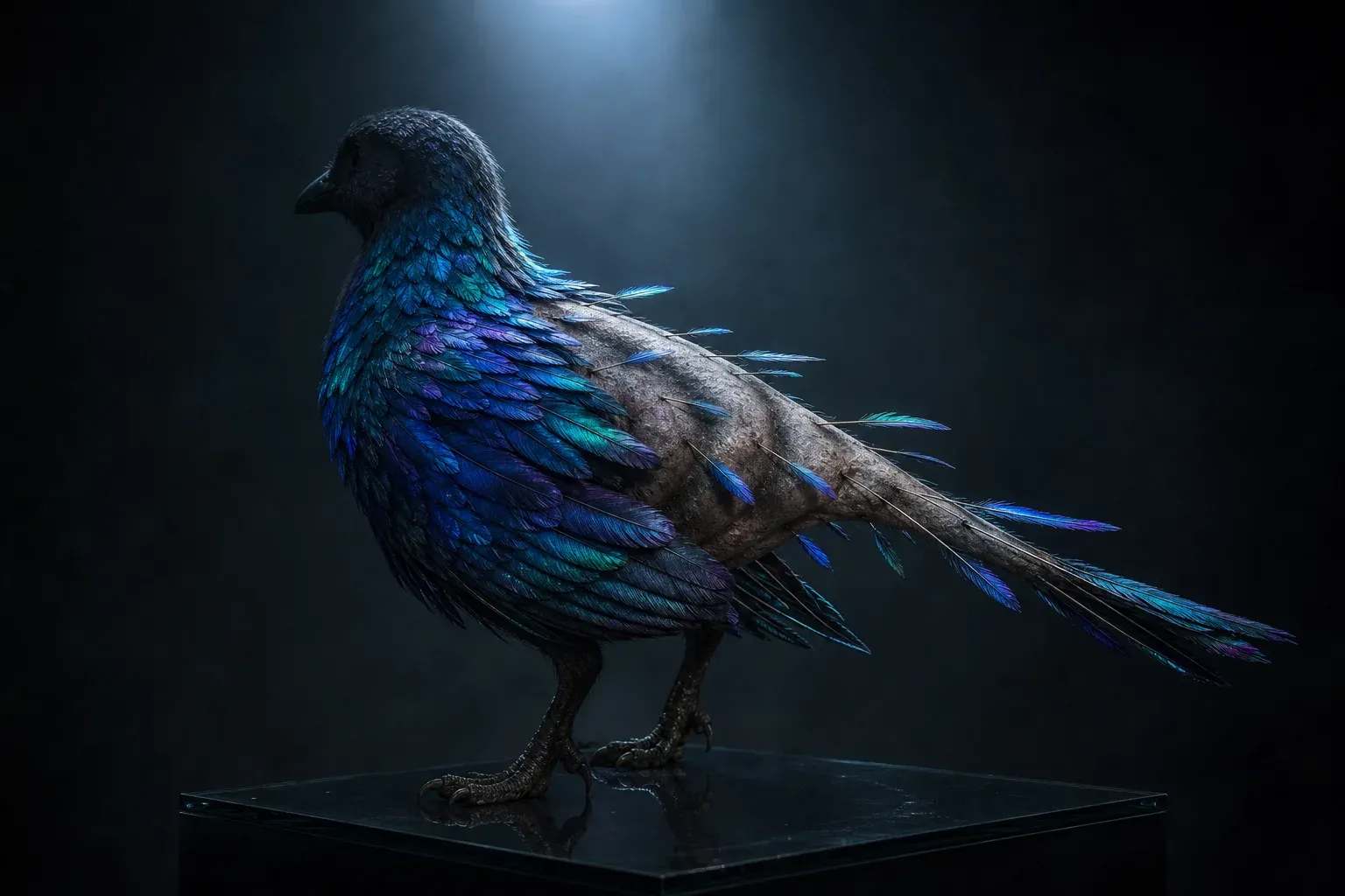A feathered dinosaur specimen on a black plinth, one flank fully plumed and iridescent, the other reduced to sparse glowing quills.