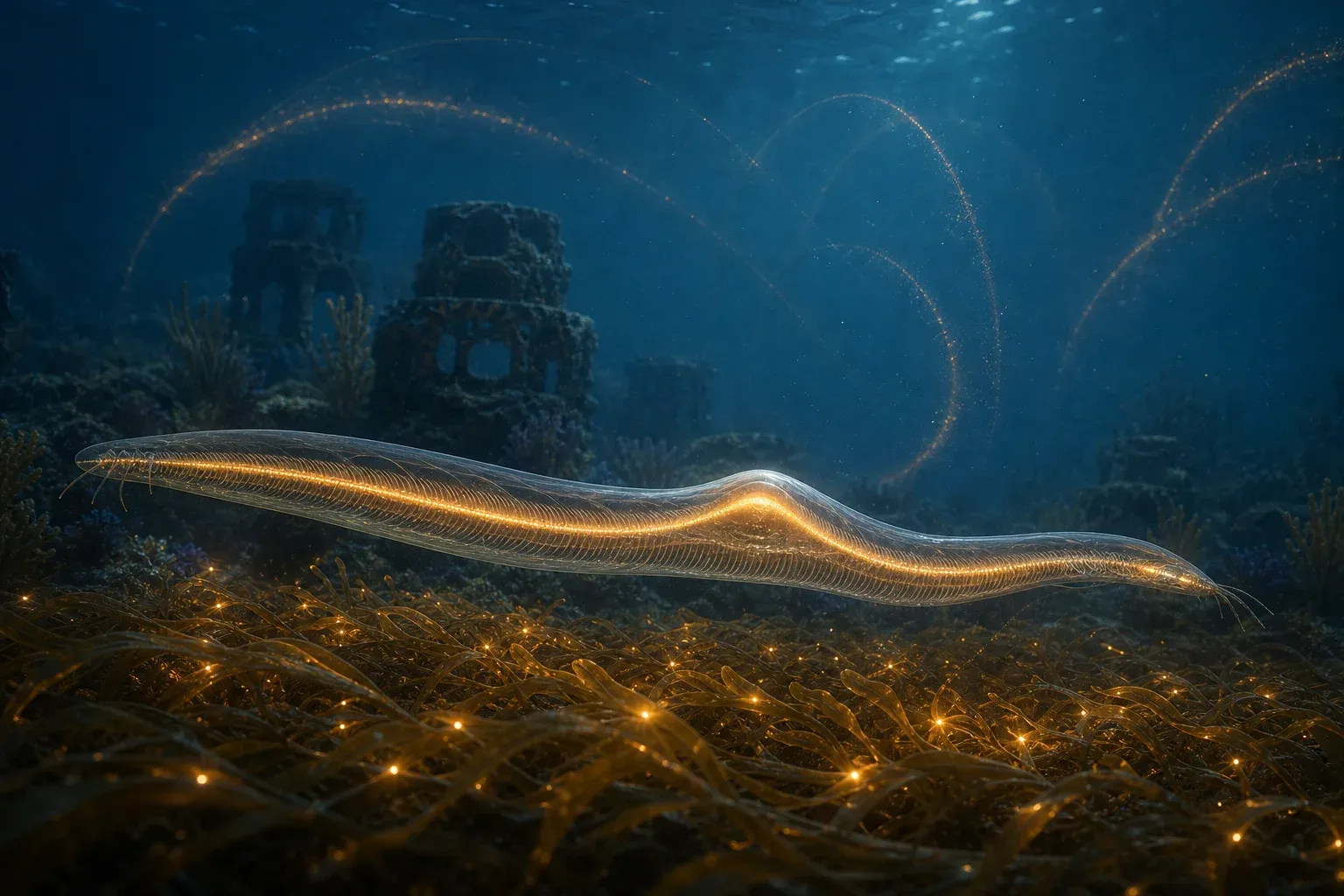 A large translucent reef creature grazing on glowing kelp, a wave of light travelling along its flank, with faint luminous arcs trailing behind it.
