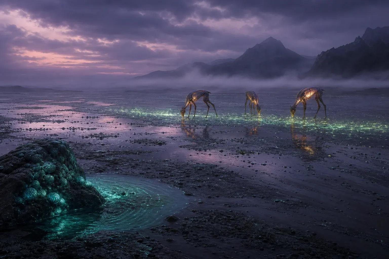 Long-legged translucent creatures graze across a faint glowing green line on bioluminescent tidal flats at dusk.