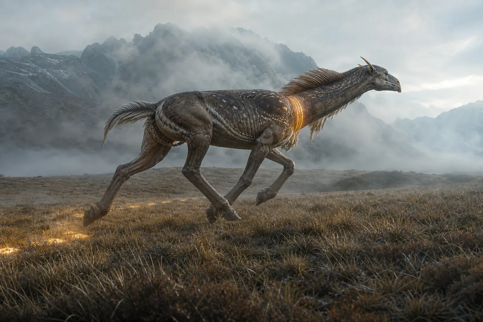 A running horned beast in a foggy valley with a glowing amber band on its shoulder, leaving fading luminous footprints.