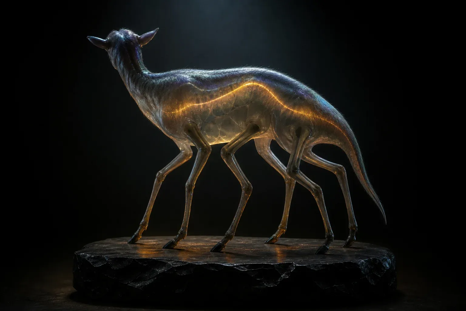 A translucent-flanked engineered animal on a black plinth, an amber line of light rising and falling beneath its skin.