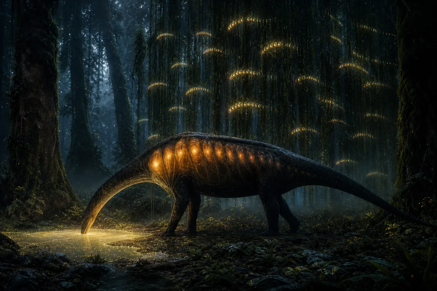 A glowing grazing creature drinking in a bioluminescent forest, its flank lit in a rising and falling arc echoed on vines behind it.