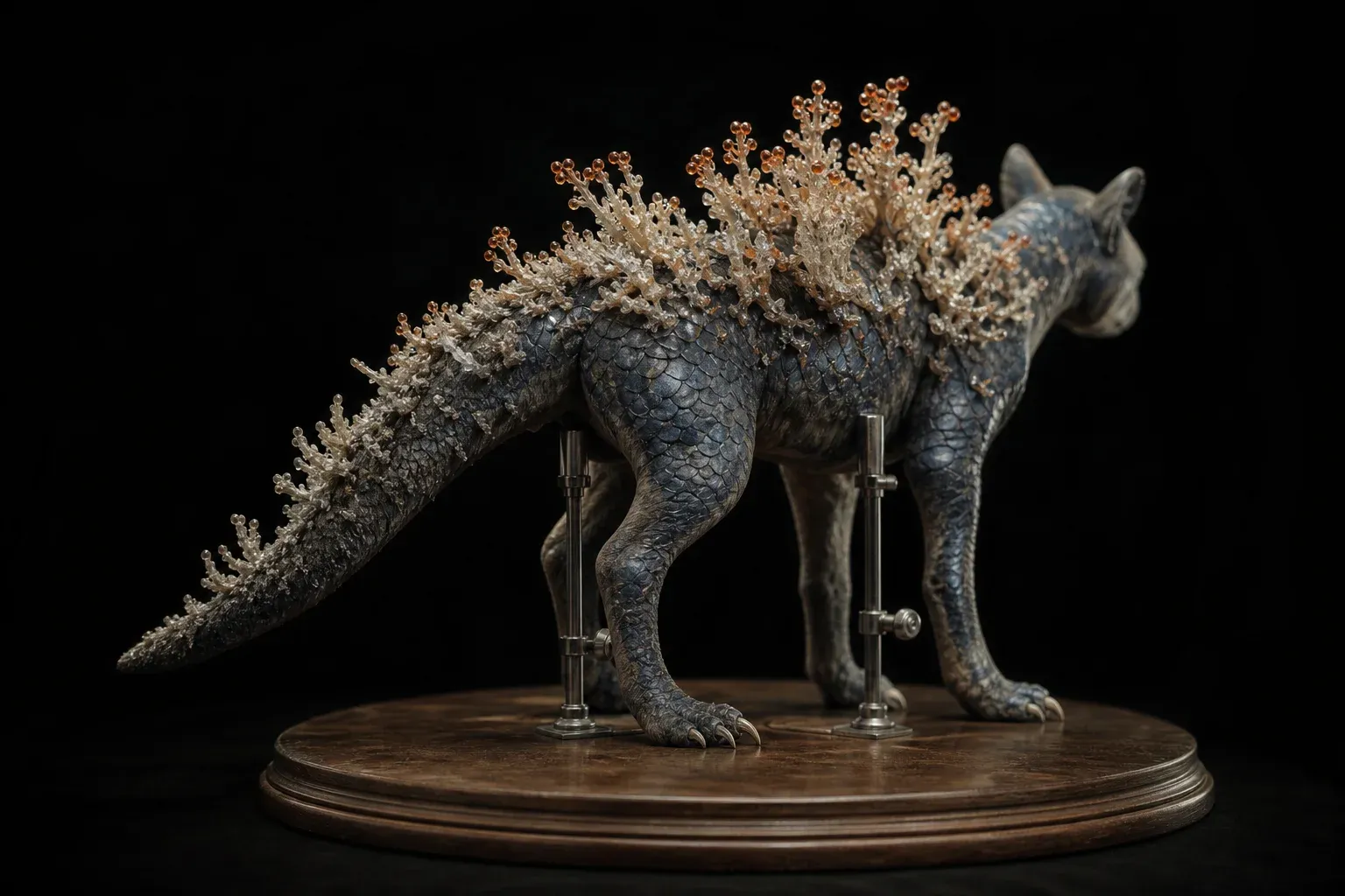 A small scaled creature on a dark studio stand, its back covered in branching crystal growths that shorten and dull toward the hips.