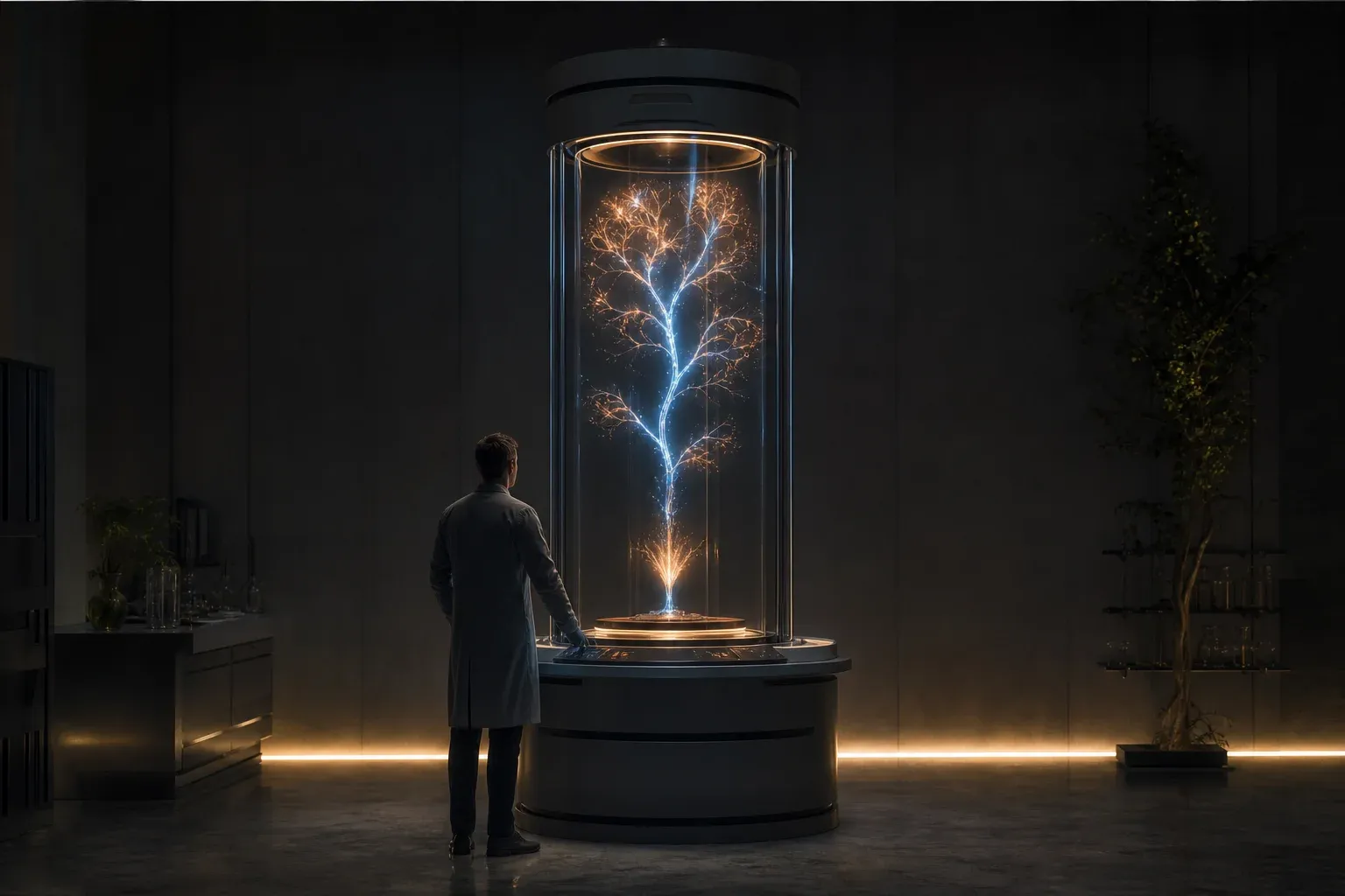 A lab machine lifts glowing strands from a sample tray into a branching tree of light inside its glass column.