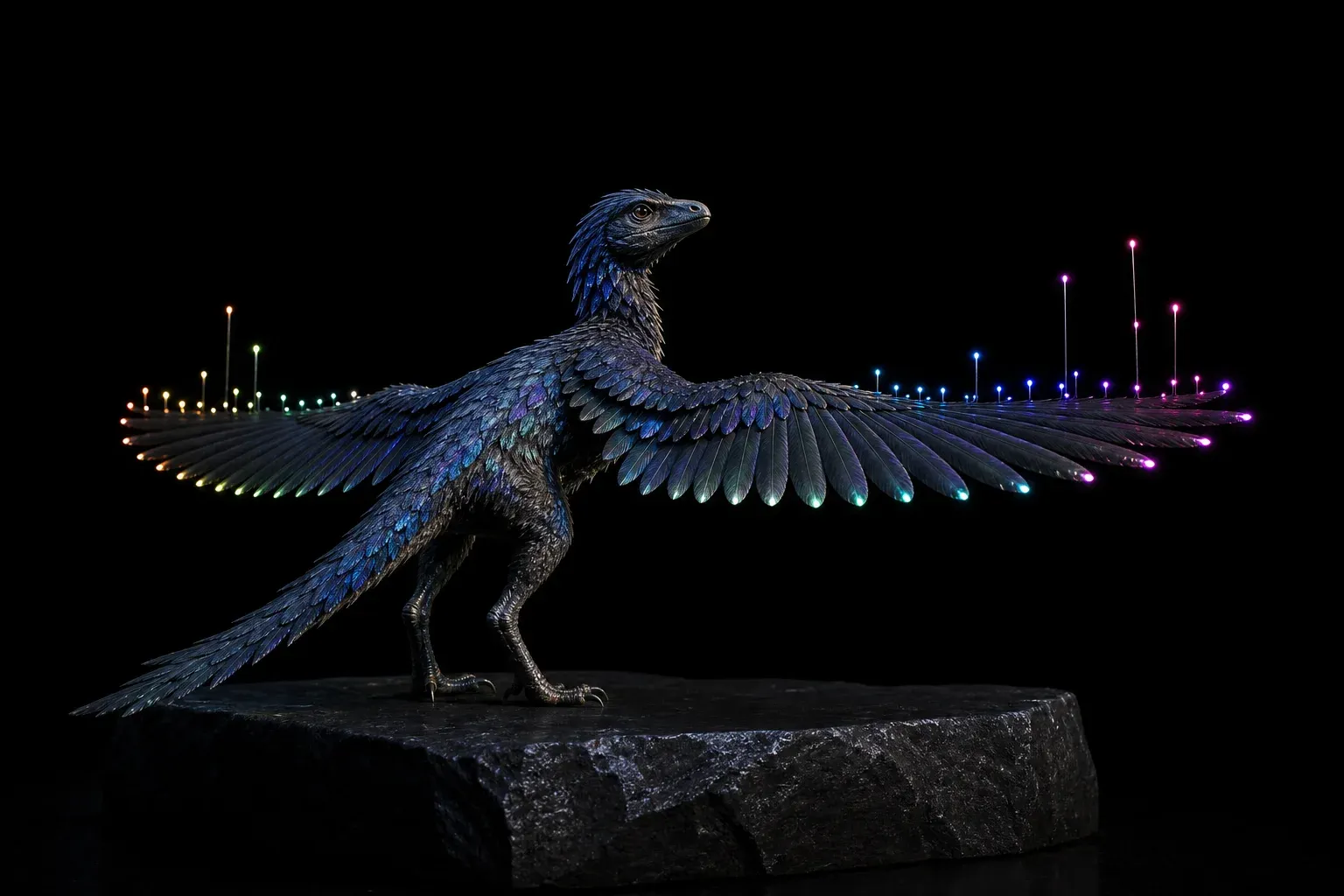 A feathered reptile on a black plinth spreads its wings, glowing beads on each feather tip forming an uneven skyline of points.