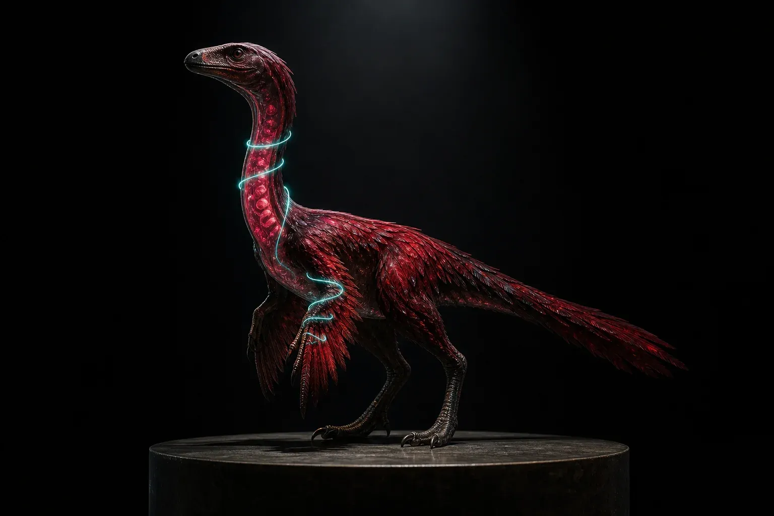 A garnet-feathered reptile specimen on a dark pedestal, translucent neck showing slow red blood cells beneath a fast-pulsing spiral of cyan light.