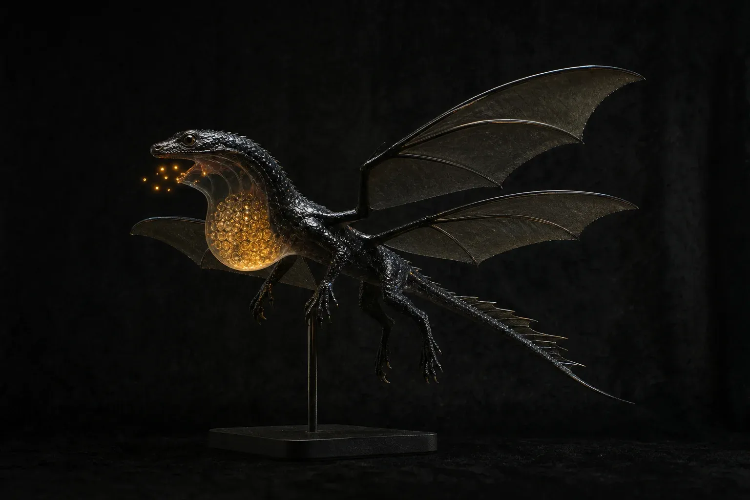 Studio-lit black four-winged reptile specimen with a translucent throat sac holding amber droplets trapped in a lattice, a few glowing free.