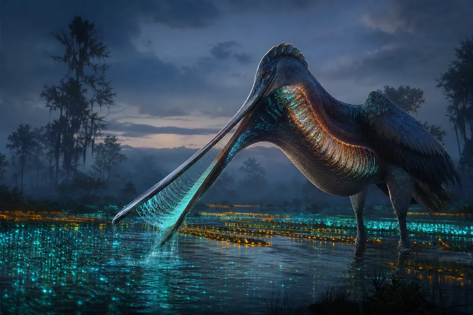 A huge filter-feeding creature sweeps glowing particles from a luminous wetland into sorted rows of light along its throat.