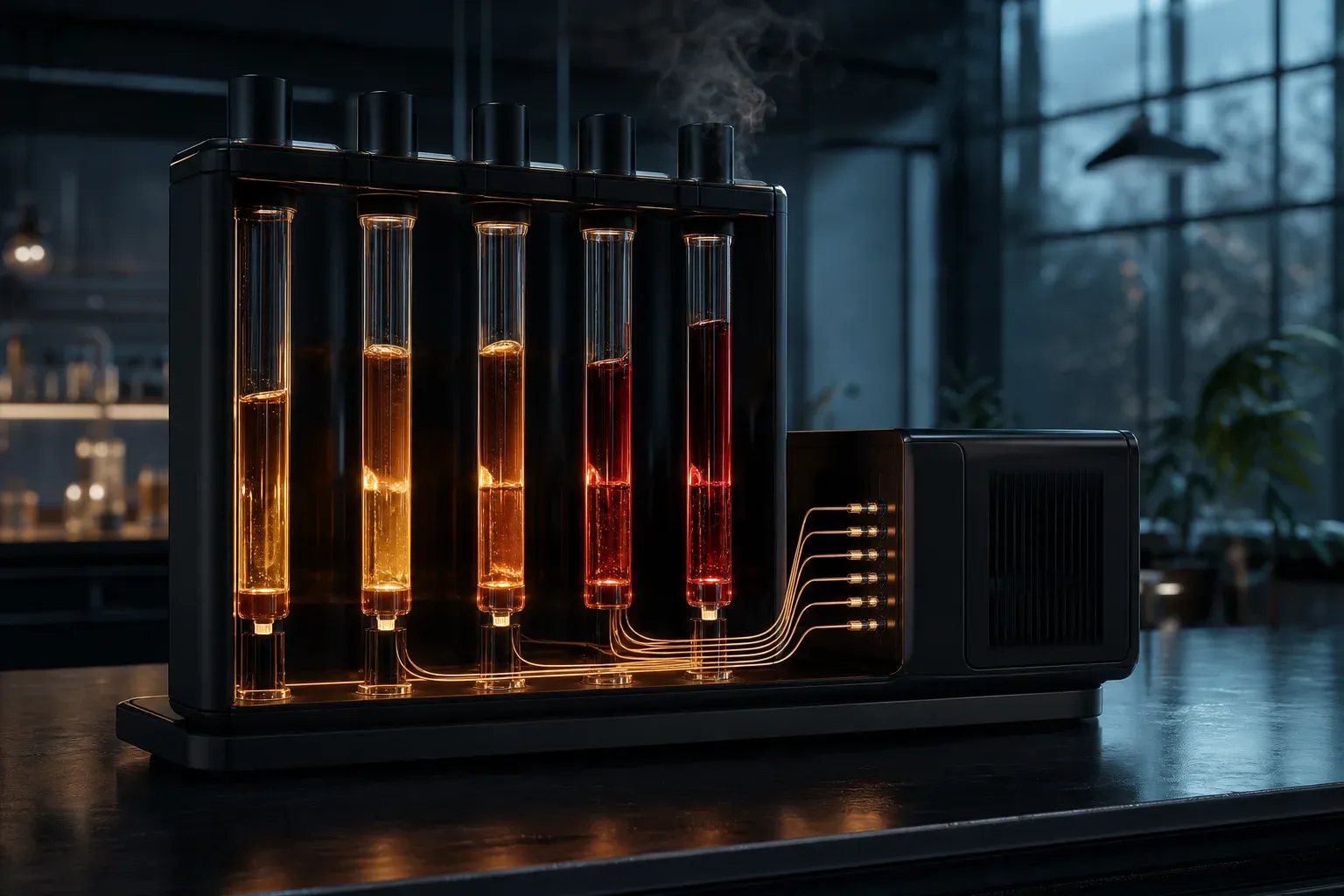Five glowing columns of red and amber fluid at different heights inside a dark laboratory instrument.