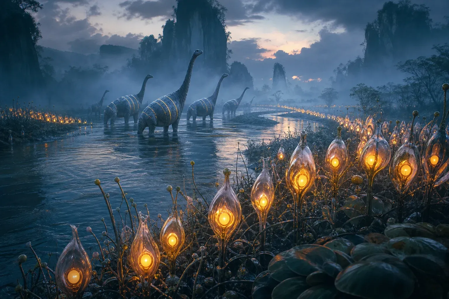 Glowing amber pods along a misty river brighten in a wave, echoed by pulsing bands on wading long-necked animals.
