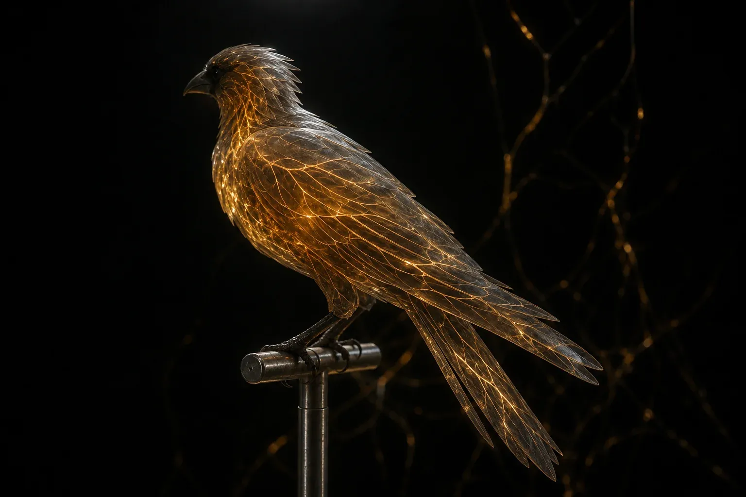 A small feathered reptile on a steel perch, its translucent plumage revealing a branching network of glowing amber filaments, lit against black.