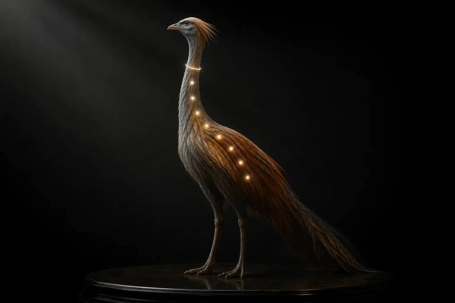 A feathered long-necked creature on a dark plinth, nine glowing nodes along its throat and a ring of light circling its neck.