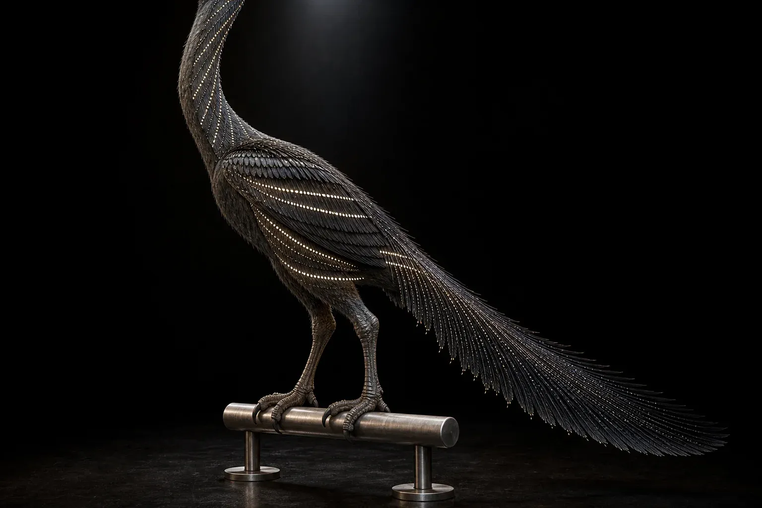 Studio-lit feathered dinosaur-like creature in profile against black, its feathers dotted with small beads that are either glowing pale or dark.
