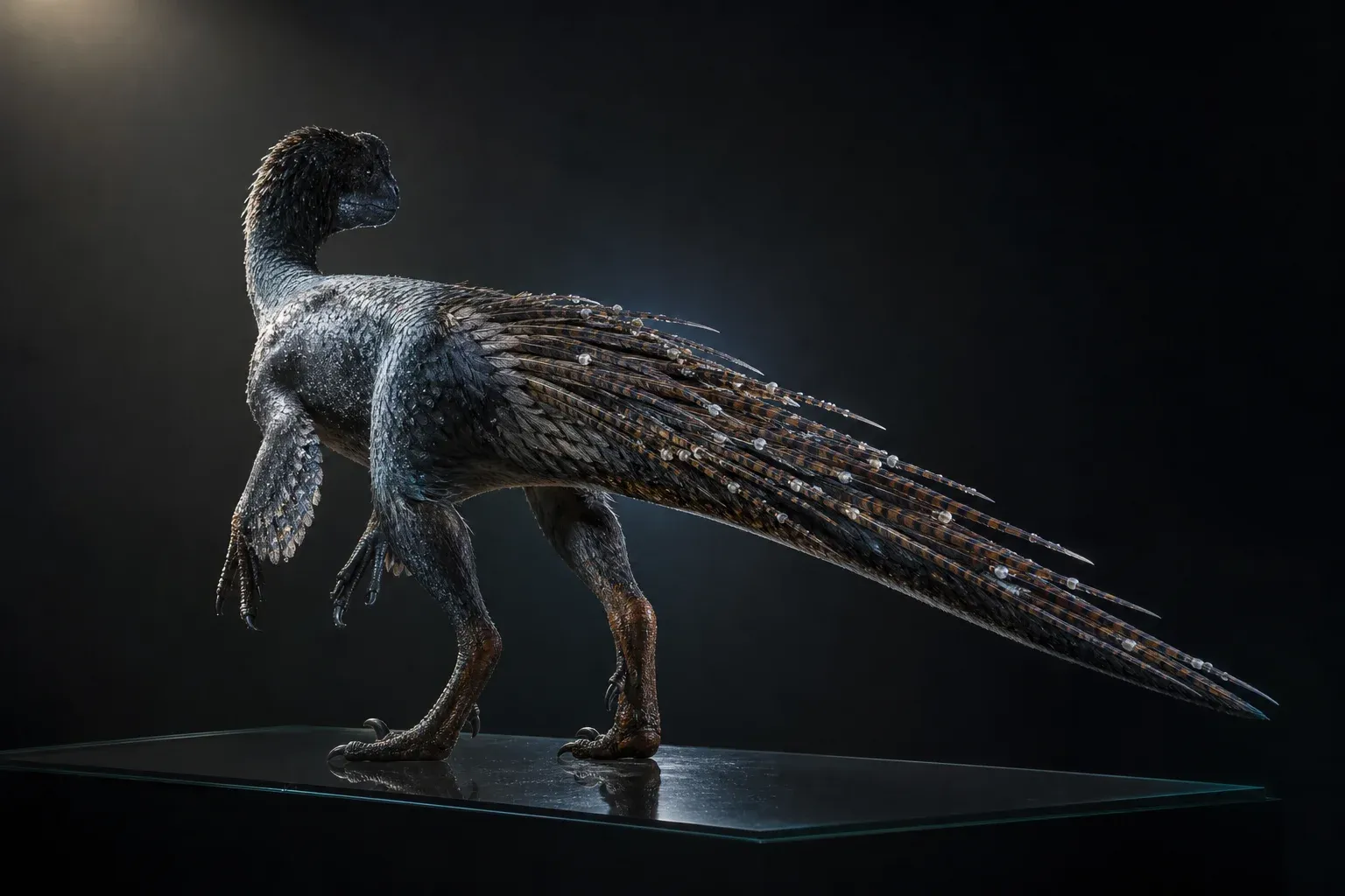 A feathered reptile specimen on a black plinth, one side damp and cold, the other side's quills tipped with small pale beads.