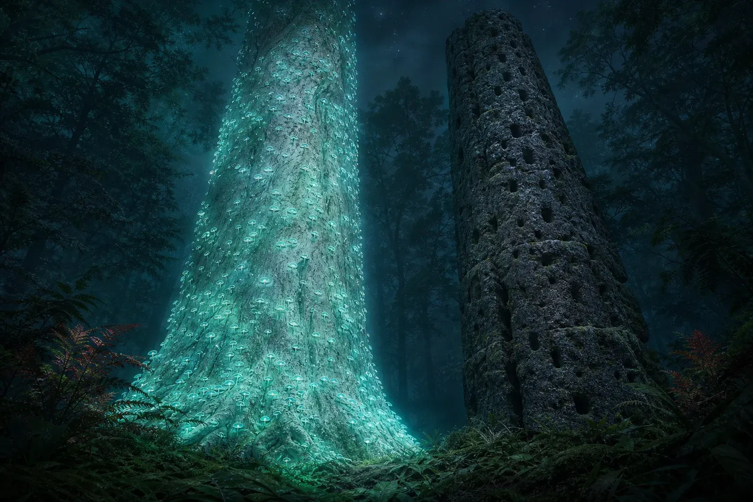 A glowing living tree trunk covered in shifting points of light stands beside a dark unlit stone pillar in a night forest.