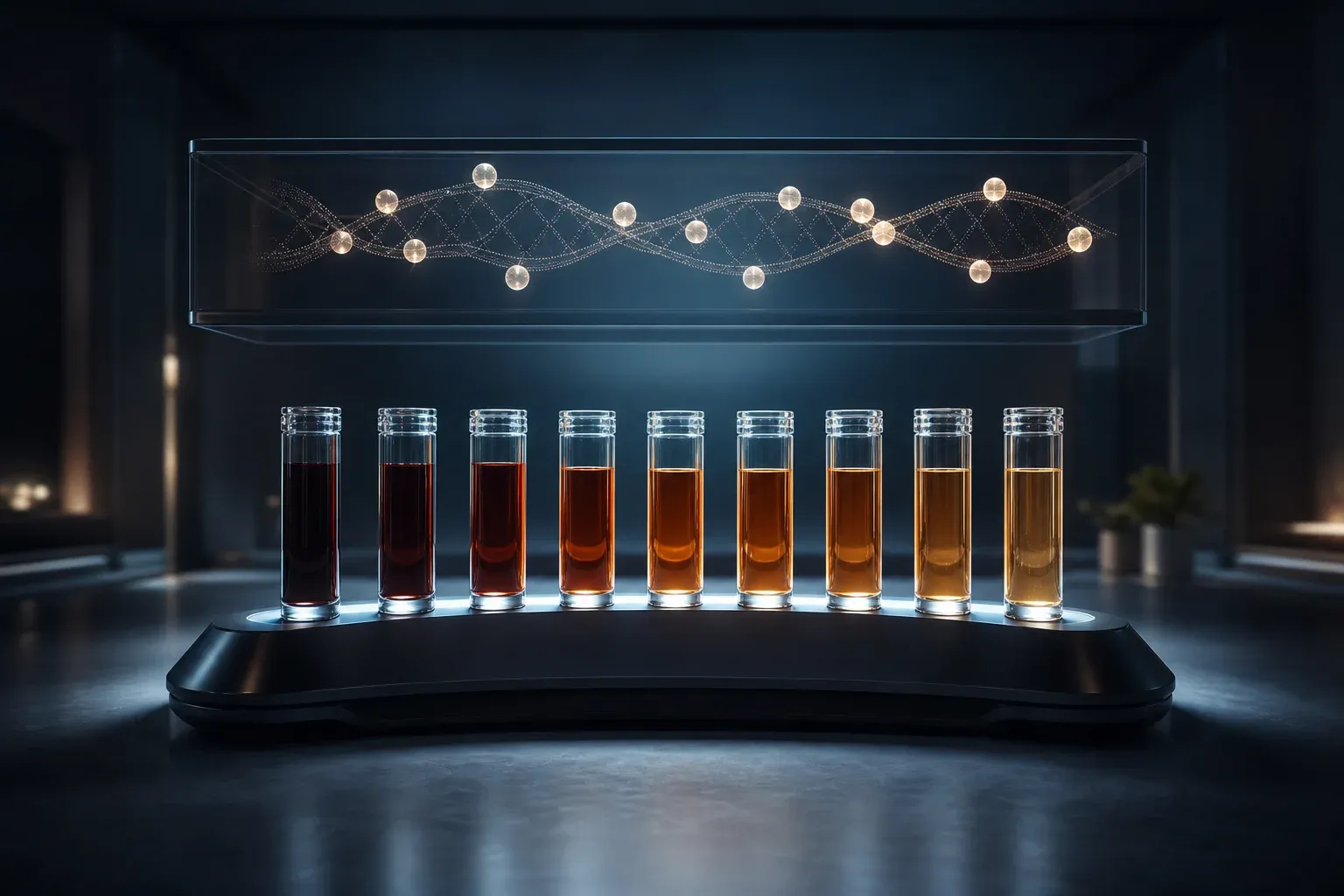 A laboratory instrument with nine backlit vials of amber serum beneath a glowing DNA strand marked by small pale beads.