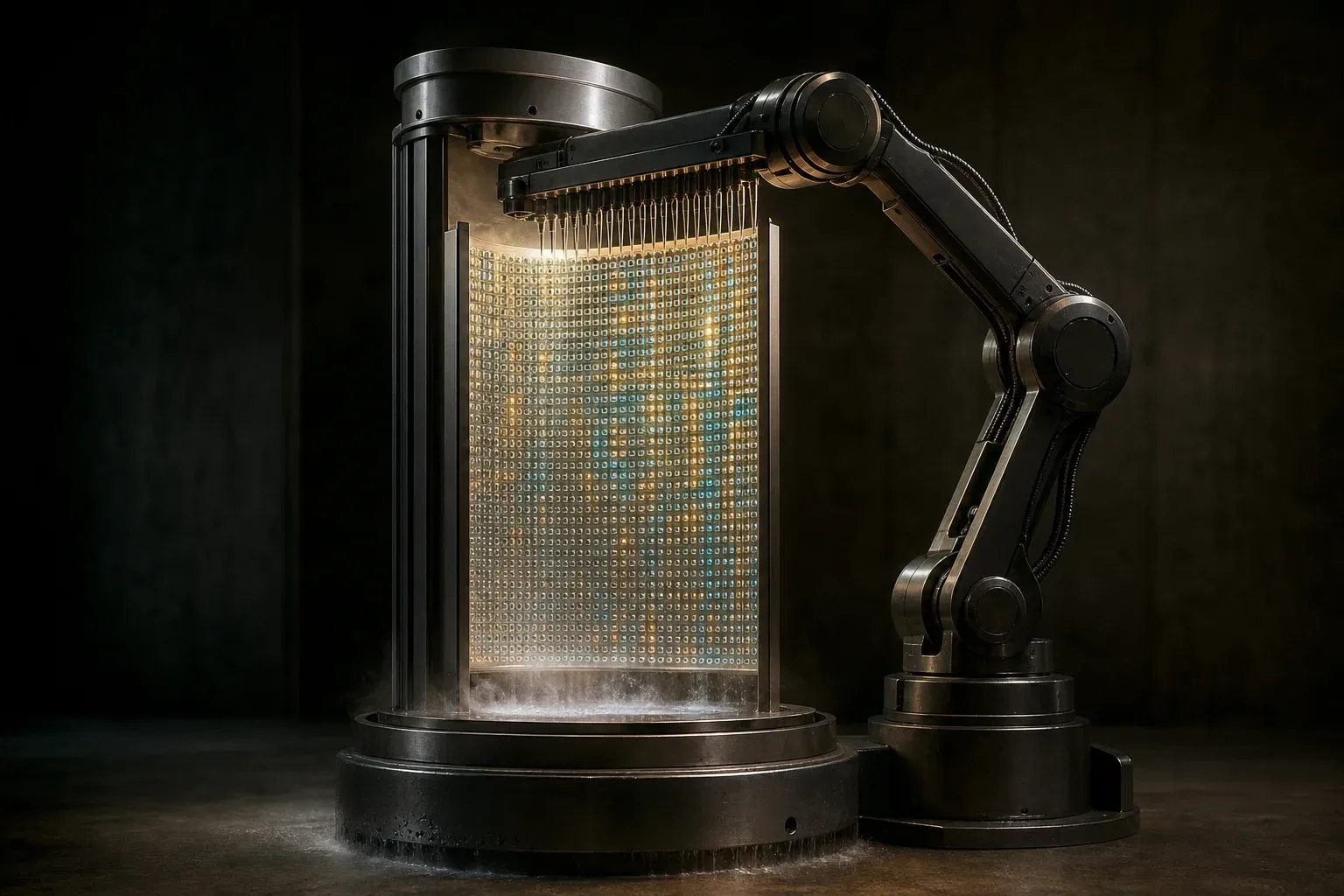 A laboratory instrument holding a vertical glass plate of thousands of individually glowing tiny wells, fed by a robotic arm of fine glass tips.