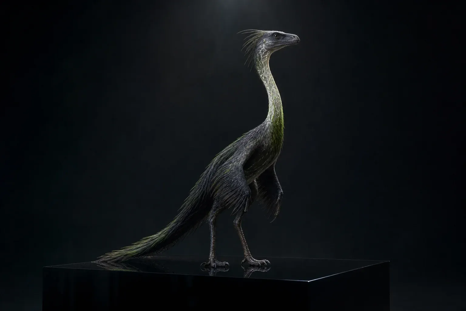 A dark feathered reptile specimen on a black plinth, studio-lit, with green pigment glowing unevenly through the translucent vessels of its neck.