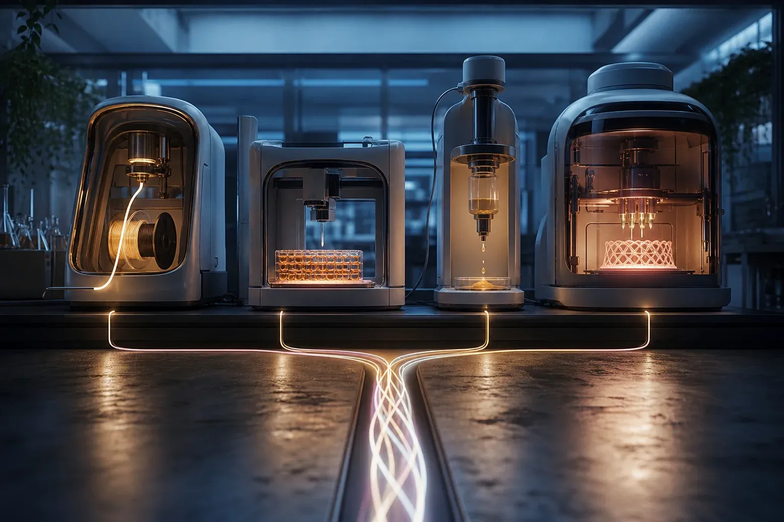 Four different laboratory instruments in a row, each emitting a ribbon of light that merges into one braided line along the floor.